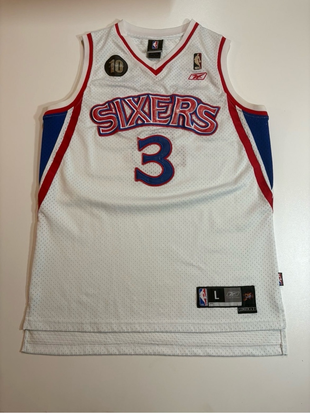 Vintage NBA Reebok 10th Anniversary Allen Iverson Sixers Jersey Red & Blue Trim